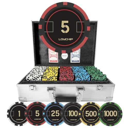 LOYCHIP 1000 Piece Poker Chip Set with 11.5g Heavyweight Composite Chips and Aluminum Case for Texas Holdem Blackjack Gambling Tournaments Includes Denominations Playing Cards and Dealer Buttons