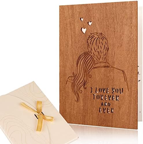 Creawoo Handmade Wood Love Greeting Card, I Love You Forever & Ever Wooden Anniversary Birthday Cards for Her Him Wife Husband, Idea Happy Anniversary, Wedding, Dating, Valentine's Day Card