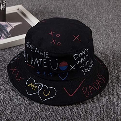 Harajuku Letters Graffiti Print Bucket Hat Men Women Sun Hat Hiphop Style Cap - Preto