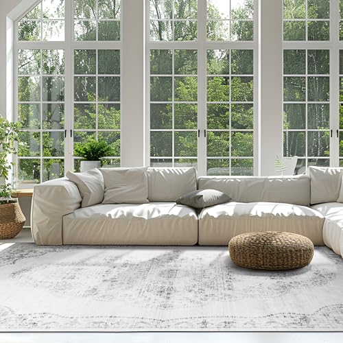 Syalife 6x9 Washable Area Rug, Ultra Soft Non-Slip, Low Pile, Stain Resistant Vintage Area Rug for Living Room, Boho Carpet for Bedroom, Dining Room, Office, Foldable Home Decor Rug, Light Grey