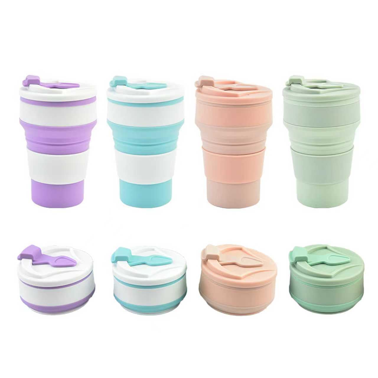 Faltbarer Reisebecher, Silikon, mit Deckel, 350ml, 4 Stück | Wiederverwendbar, Für Camping, Für Wandern, Für Reisen, Für Picknick