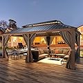 EROMMY 12'x20' Hardtop Gazebo, Wooden Finish Coated Aluminum Frame Gazebo with Galvanized Steel Roof, Outdoor Metal Gazebos with Curtains and Nettings for Patio, Backyard, Deck and Lawns Dark Bronze