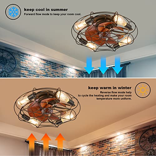 197-Caged-Ceiling-Fan-with-Light-and-RemoteFlush-Mount-Bladeless-Ceiling-Fan-Low-Profile-Caged-Ceiling-FanSmall-Industrial-Black-Ceiling-Light-FixtureReversible-Bulbs-Include