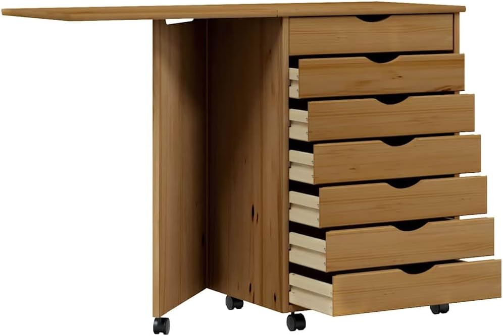 Rolling Cabinet with Desk MOSS Honey Brown Solid Wood Pine - 7-Drawer Mobile Office Storage Organizer with Rustic Charm for Home Workspace - Durable Natural Wood File Cabinet with Easy Rollers