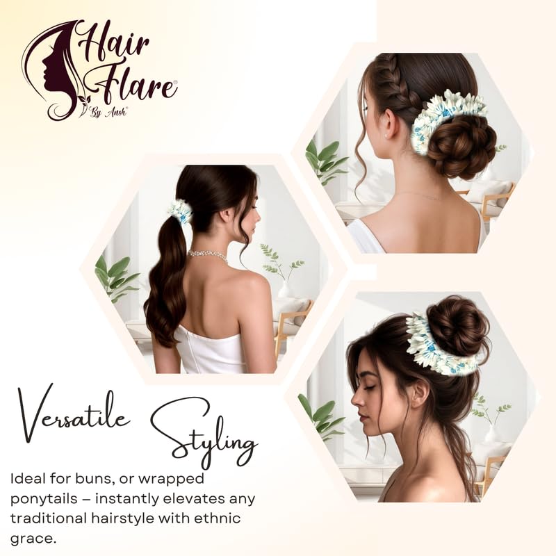 Image of Hair Flare Set of 2 Artificial Mogra Gajra Juda Bun Flowers for Hair | Reusable Floral Hair Accessory with SkyBlue Thread for Bridal, Festive & Traditional | Women & Girls Juda Decoration