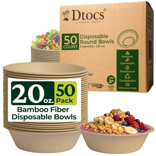 Dtocs Bamboo Fiber Disposable Bowls (50) 20 Oz | Microwavable Bamboo Bowls for Serving Soup Cereals Salsa Salad | Sturdy Disposable Dinnerware Sub Bagasse Styrofoam Paper Bowl