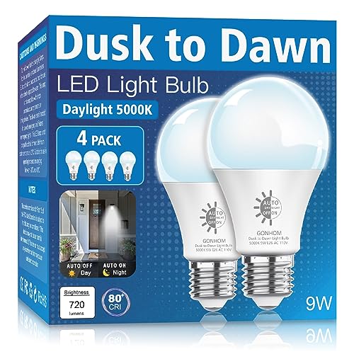 Gonhom 4 Pack Dusk to Dawn Light Bulbs Outdoor, 5000K-Daylight, 720LM, 9W(60W Equivalent) A19 E26 Automatic On/Off LED Light Bulbs, Dusk to Dawn LED Outdoor Lighting for Porch Garage Patio Gonhom 4 Pack Dusk to Dawn Light Bulbs Outdoor, 5000K-Daylight, 720LM, 9W(60W Equivalent) A19 E26 Automatic On/Off LED Light Bulbs, Dusk to Dawn LED Outdoor Lighting for Porch Garage Patio