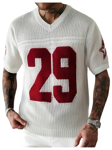 Men's Jersey Shirt Y2k Oversized Number Crochet Hollow Out Jersey Tee Sweater V Neck Short Sleeve Knitted Crop Top