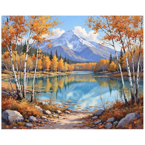 Landscape Paint by Numbers Kit for Adults - DIY Autumn Forest and Mountain Lake Reflection Painting on Canvas 16x20 Inch, Acrylic Paint Set for Beginners, Scenic Wall Art for Home Decoration or Gifts