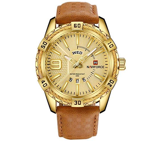 Naviforce Hombres de Lujo Relojes Deportivos Relojes de Cuarzo de Cuero a Prueba de Agua Reloj de Oro Fecha de la Cara Grande Reloj Cover
