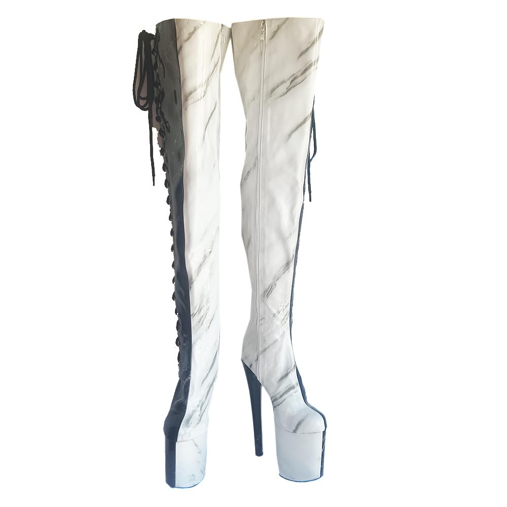 denova's Women's Patent 7.9in Very High Heel Lace Up Platform Pole Dance Over-The-Knee Thigh High Boot with Zipper: 10 Black-white Patent 6