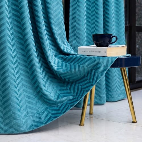 Image of IVAZA Premium Velvet Chevron Pattern 80% Blackout Curtains - Insulated Heavy Blackout Opaques,Modern Parde for Living Room Bedroom|Home Office Door- 8 Feet (Pack of 2) Chevron Turquoise