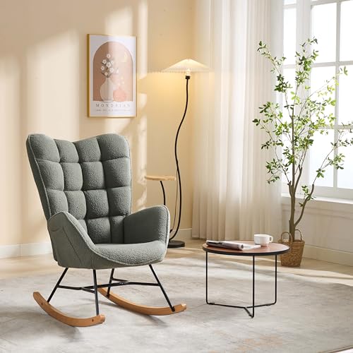 Image of Wpond Rocking Chair Nursery, Teddy Upholstered Glider Rocker Armchair with High Backrest and Pocket, Reading Chair for Living Room, Bedroom, Offices,Green