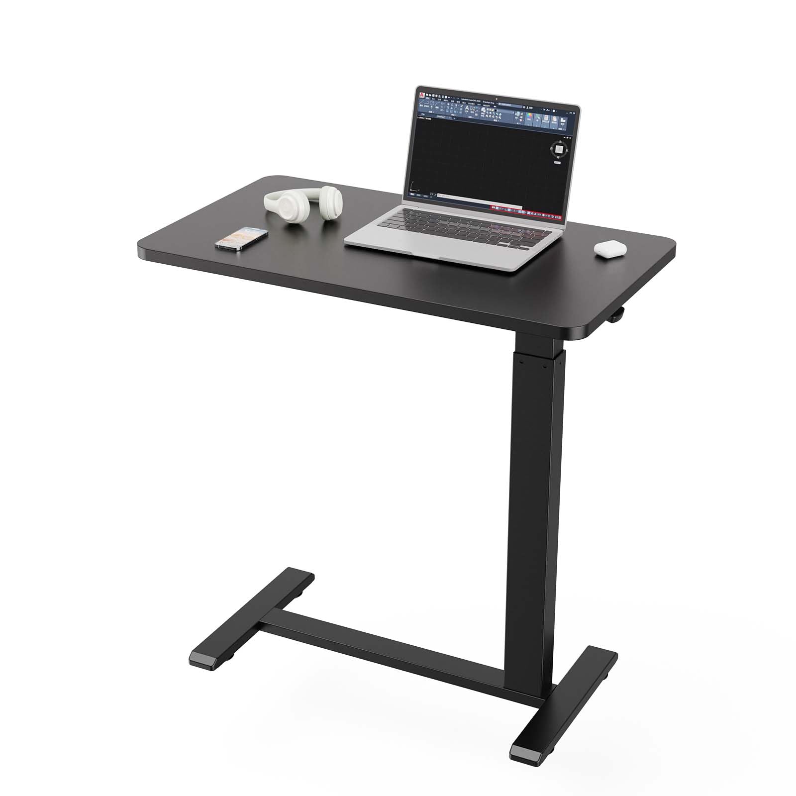 Ywin Adjustable Height Side Table, Adjustable Bedside Table with Wheels, Overbed Bedside Table, Pneumatic Moveable Bed Desk, Rolling Hospital Bed Table(Black)