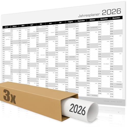 Wandkalender Jahreskalender 2026 DIN A1 GEROLLT Wandkalender - Premium Jahreskalender 84,1x59,4cm mit deutschen Feiertagen, Kalenderwochen und Notizbereich