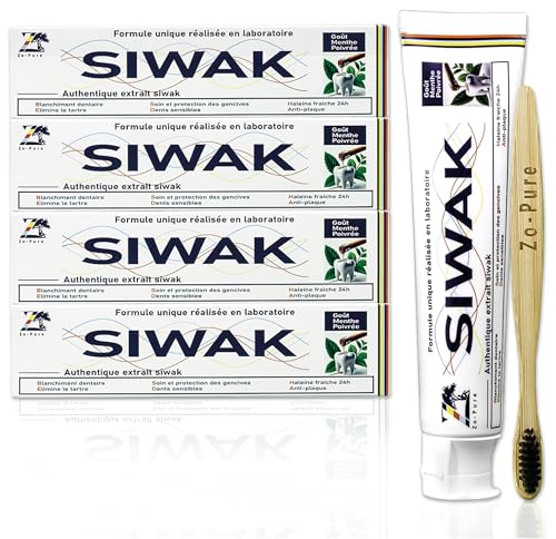 Zo-Pure dentifricio siwak – Set di 4 dentifrici + 4 spazzole di bambù – Miswak sbiancamento naturale – Vera menta piperita – Dentifricio biologico – senza fluoro – Meswak stick estratto autentico