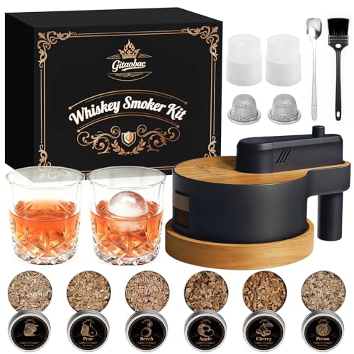 Whiskey Smoker Kit with Built-in Lighter, 6 Flavors Wood Chips, 2 Glasses, 2 Ice Ball Molds, Old Fashioned Drink Smoker Kit, Valentine's Day Birthday Bourbon Gifts for Men, Dad, Husband (NO Butane)