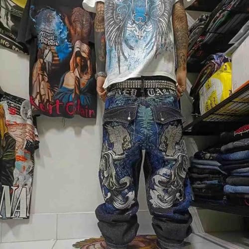 Men's Hip Hop Retro Embroidered Jeans Street Hip Hop Y2K Gothic Straight Loose Wide Leg Pants2