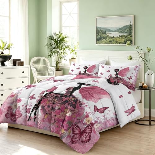 Edredón lavable de 200x200 cm blanco con dibujos de mariposas y 2 fundas 4