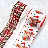 『CHRISTMAS THEME COLOR DESIGN』: 2 Rolls Christmas wired edge ribbons are designed with wonderful winter theme colors, including black red buffalo plaids, red green stars and Santa calf patterns, adding a more lively winter atmosphere. More options fo...