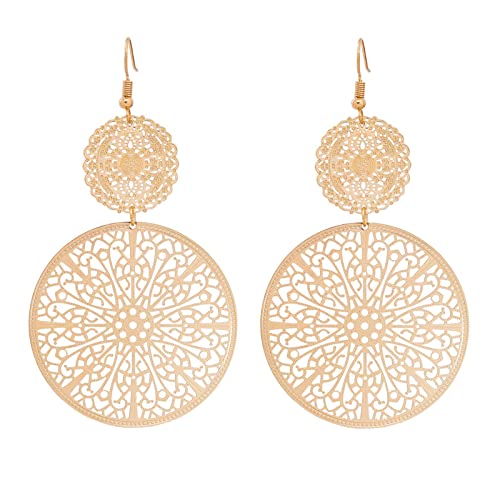 Filigree Disc Drop Earrings Double Round Disc Statement Earrings Metallic Brass Disc Dangle Hook Earrings