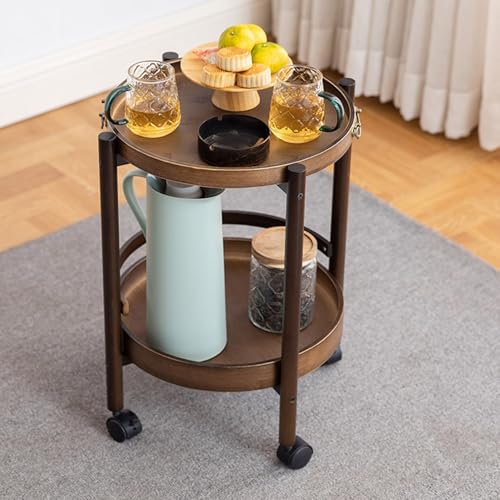 Mesa auxiliar redonda de madera con bandeja de 2 niveles y ruedas, carrito de café de bambú móvil, mesa auxiliar versátil para sala de estar, cocina, comedor y entrada, soluciones de almacenamiento