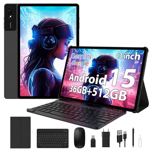 TIGERFU Tablet 13 Pollici, Android 15 Tablet con SIM e WiFi, 36(12+24) GB RAM+512GB ROM, Helio G99, 2.2GHz Octa-Core Gaming Tablets, 9200mAh, Widevine L1, 13MP+8MP, 2944x1840 IPS, 18W Charge - Nero