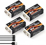 Massate Lot de 4 Piles 9V Rechargeables 1300mAh, Batteries Lithium-ION USB-C, durables pou...
