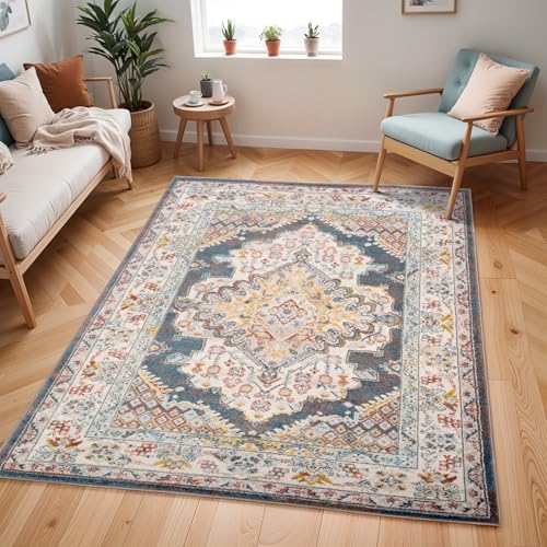 Livabliss Casablanca Vintage groß - Wohnzimmer 160x213 cm, Esszimmer, Schlafzimmer, Orientalischer e Boho Style - Carpet Living Room, Bunter Muster, Braun und Blau
