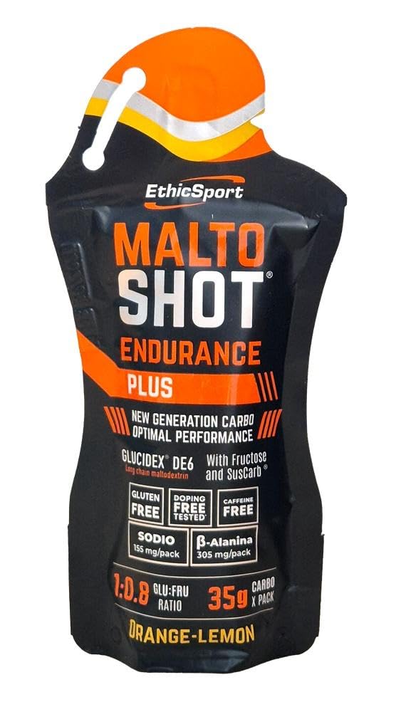 EthicSport - Maltoshot Endurance Plus - Confezione da 15 x 50 ml - Gusto: Orange - Lemon - Prodotto energetico specifico per endurance con 5 diversi carboidrati sequenziali e senza caffeina