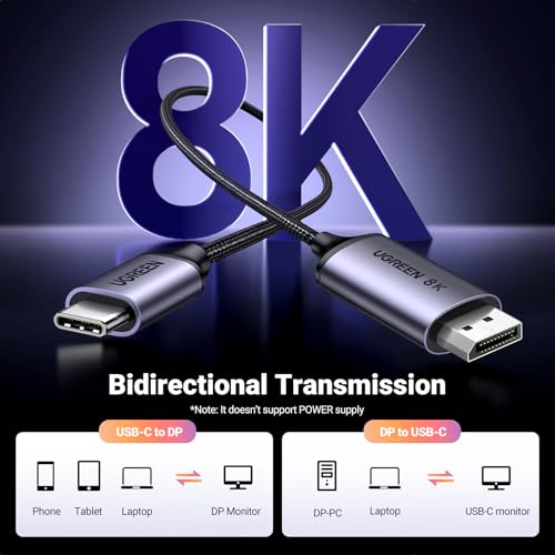 Image of UGREEN 8K@60Hz Bidirectional USB C to DisplayPort 1.4 Cable 2M 4K 240Hz Dp to Type C Thunderbolt 4 Cord Aluminum Braided Compatible with iPhone 17 Pro Max, Galaxy S25 MacBook Pro /Air iPad XPS 17