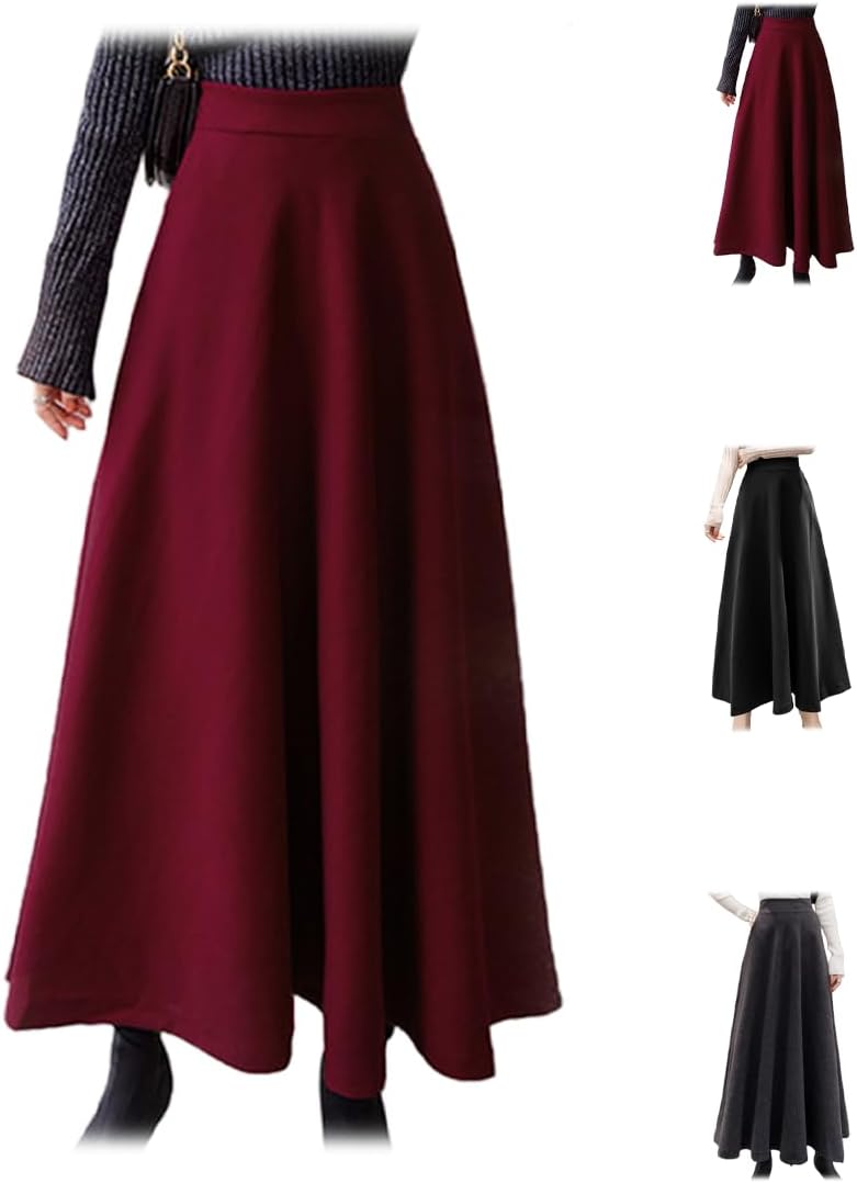 Women's Wool Blend Solid Color Pencil Skirt, Retro High-Waisted A-line Long Skirt