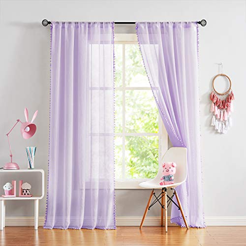 Treatmentex Pom-Pom Sheer Curtains for Girl's Bedroom 84 inches Long Voile Curtain Panels Rod Pocket Lilac 52" w x 2pc