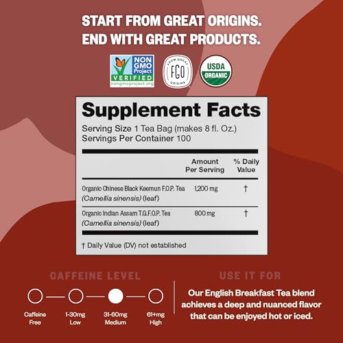 FGO Organic English Breakfast Black Tea, 100 Count, Eco-Conscious Tea Bags, Resealable Bag, Packaging May Vary (Pack of 1)