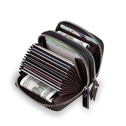 Yafeige Genuine Leather Credit Card Holder with Zipper Womens Card Case RFID Blocking with Zip Around Wallet (Black)