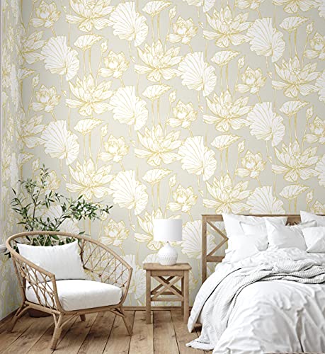 Gw2018 Golden Oriental Lotus Flower Peel & Stick Wallpaper Roll 20.5" Wx18Ft L #TOP2