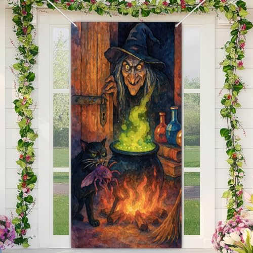 Image of BlissYard Halloween Dark Black Green Door Cover 35x71 Inch Polyester | Entry Banner, Wall Backdrop | Dark Black Door Decor, Party Scene | Porch, Hallway, Photo Area (Haunted House)