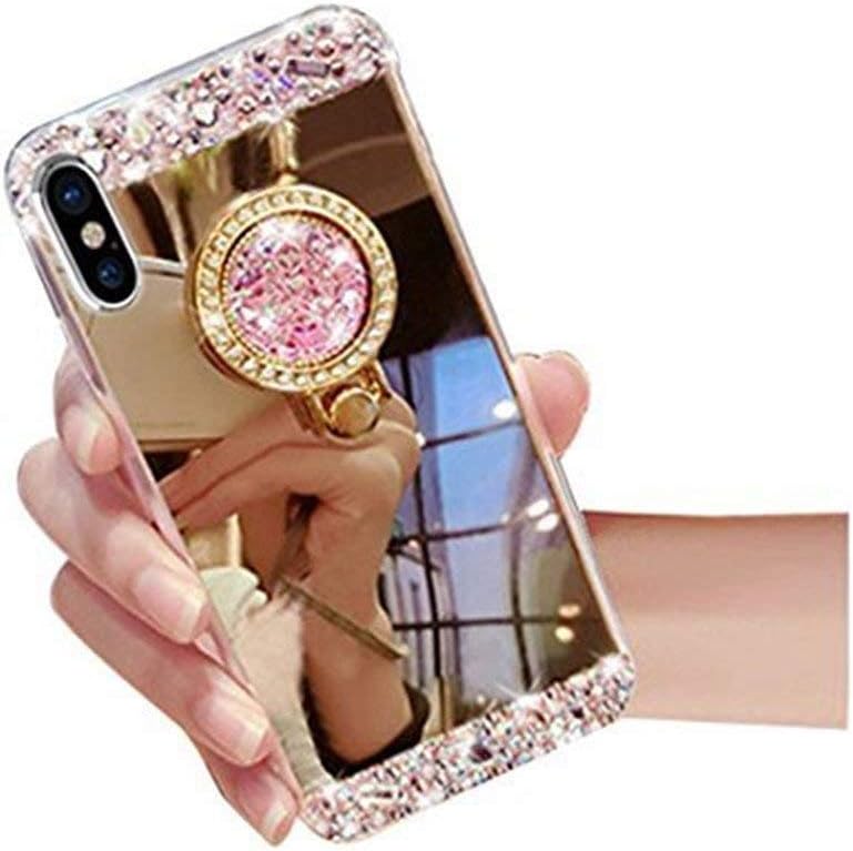 Galaxy Note 10 Case,Lozeguyc Crystal Rhinestone Mirror Glass Case Bling Diamond Soft Rubber Makeup Case for Samsung Galaxy Note 10 with Detachable 360 Degree Ring Stand-Gold