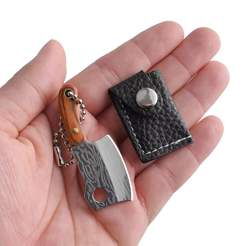 Image of Mini Knife Keychain, Real Damascus Style Tiny Chef Knives with Wooden Handle, Pocket Cleaver, EDC Miniature Weapon Keychains for Gifting, Decoration & Collectors