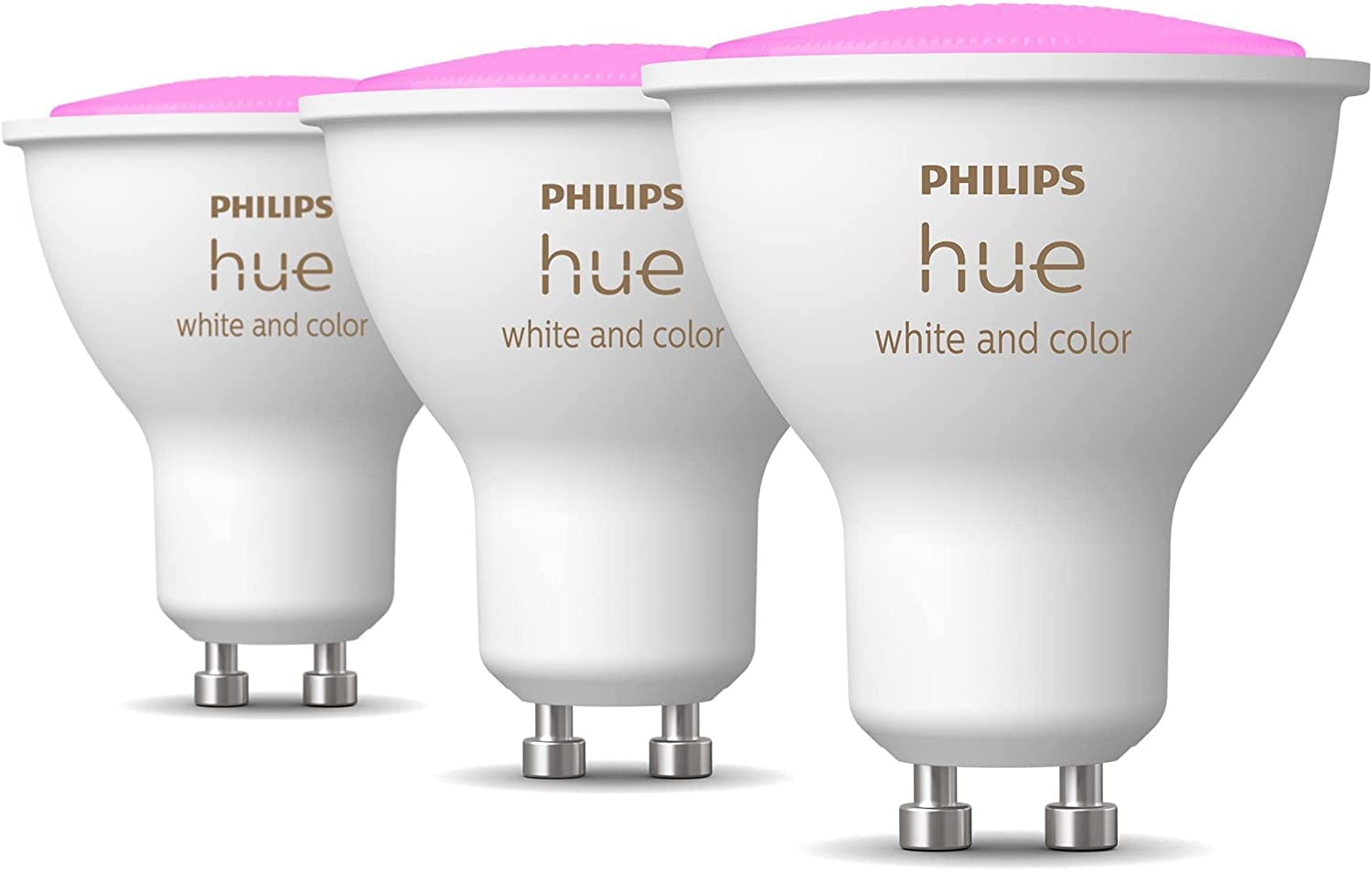 Philips Hue - Bombilla Inteligente, GU10, Luz Blanca y de Colores, 5. 7W, Compatible con Alexa y Google Home - Pack de 3 Bombillas LED inteligentes + Botón Inteligente + Hue Bridge