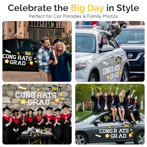 Image of 2026 Graduation Car Decorations - Congrats Grad Magnetic Banners for Car Parade Signs - White Graduation Party Decor