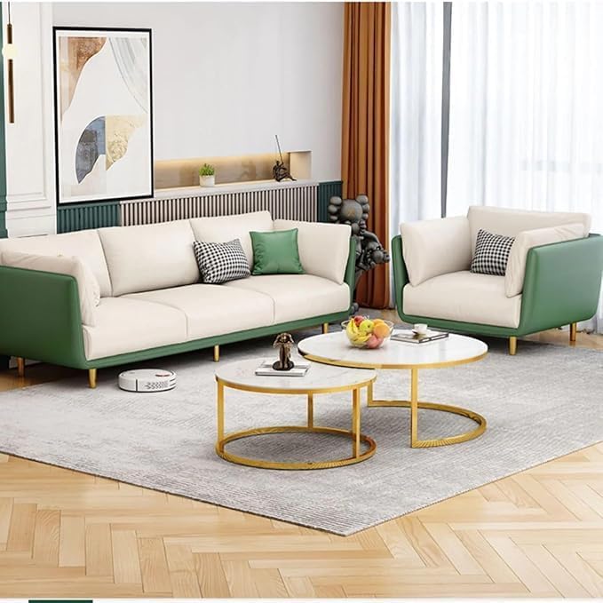 Image of Modern & Luxury Velvet Comfortable Sofa with Cushion Chaise Lounge Sectional Sofa Ideal for Living Room and Bedroom, Visitors' Home and Office. (3+1+1 Green Leather+Velvet Beige)