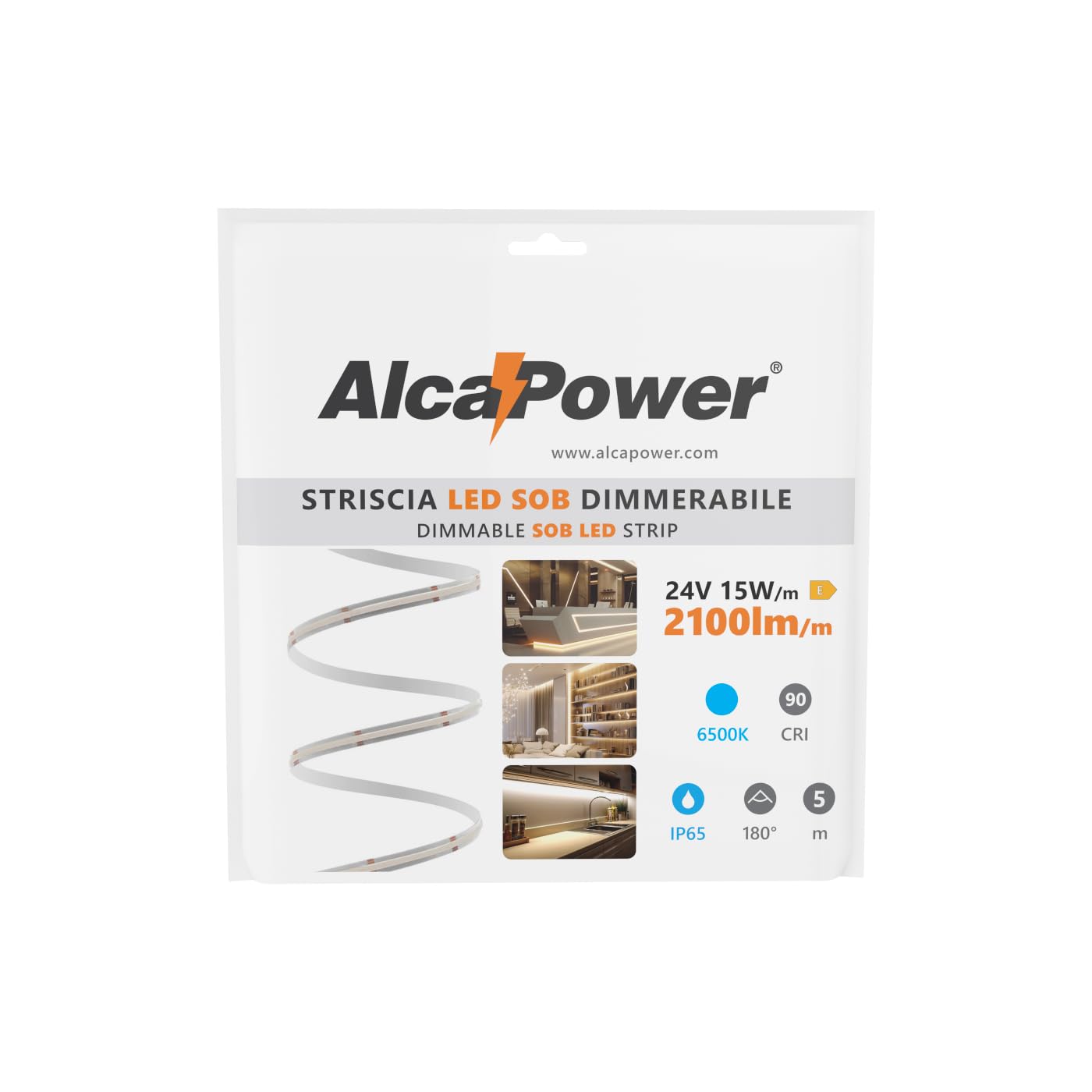 Alcapower SOB IP65 taśma LED 5m 6500K 24V 15W/m 2100lm/m IRC90 Wysoka wydajność świetlna Profesjonalna instalacja wewnątrz na zewnątrz Alcapower
