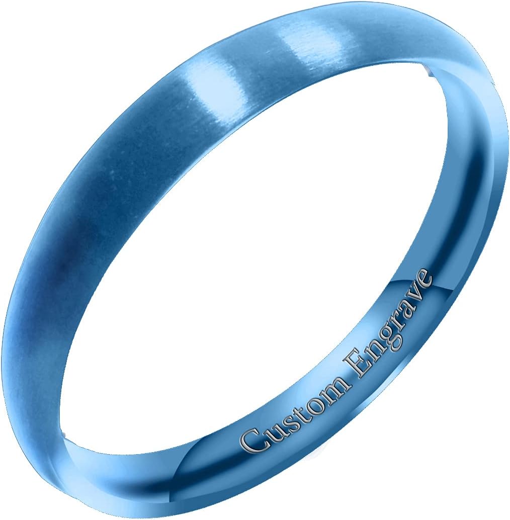 Everstone Custom Personalize Engrave Matte & Brushed Dome Ring Male Female Men Women His Her Groom Bride Promise Ring Wedding Bands Titanium Ring Color: Blue Sz