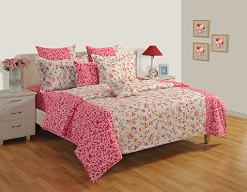 Image of Swayam Pure Cotton King Fitted Bedsheet with 2 Pillow Covers | Size 72 x 78 x 10 inch | 160 TC | Floral Design | Soft Breathable Bed Sheet | Comfortable & Durable for Bedroom - Cream & Pink