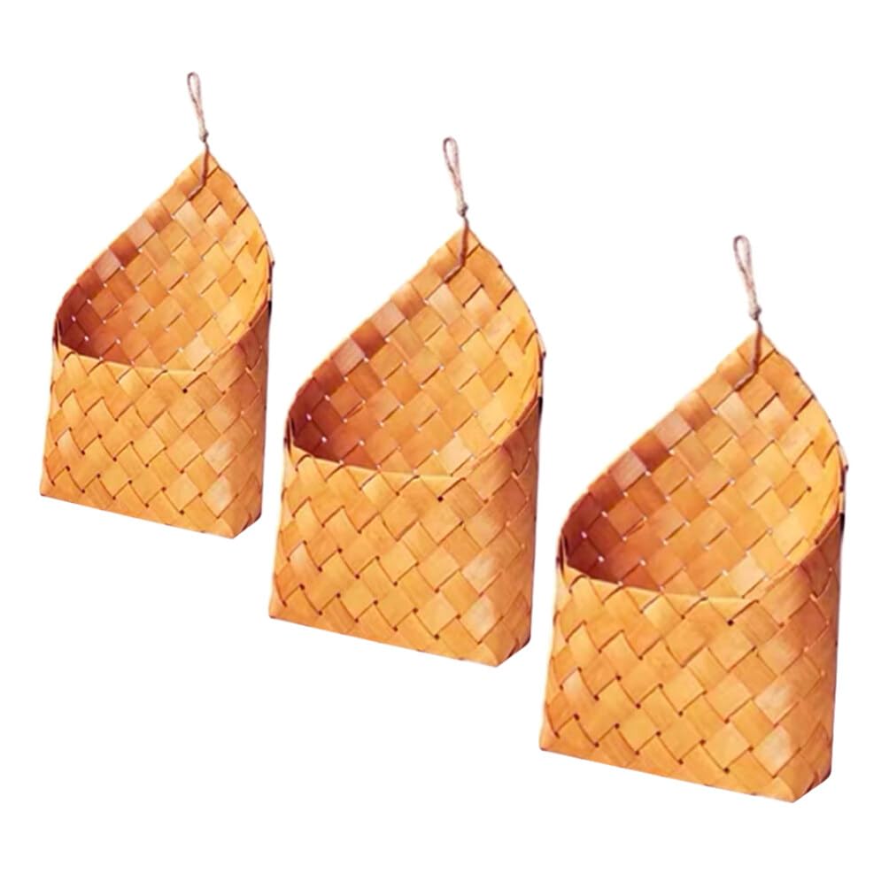 Cesta de Pared Tejida de Madera Marrón 3 Piezas para Almacenamiento
