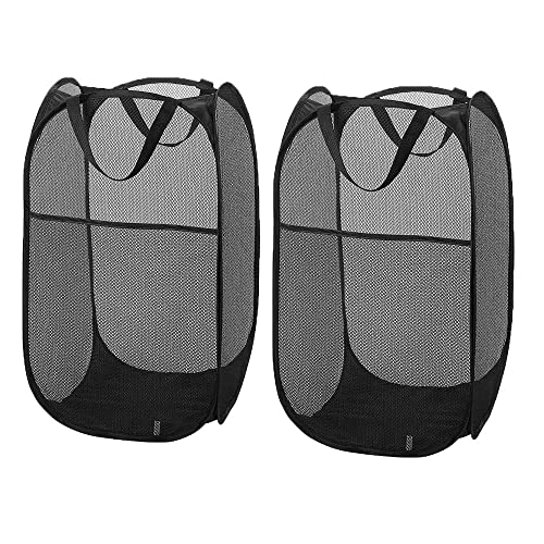 Larpur Popup Mesh Laundry Basket, Collapsible and Portable Clothes Washing Laundry Hamper with Reinforced Carry Handle (Black 2pcs)