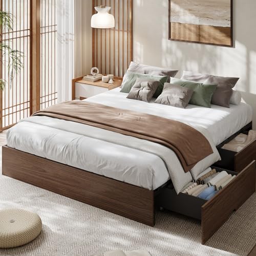 Image of GarveeHome King Size Wood Platform Bed Frame with 2 Storage Drawers, Wooden Bed Frame Without Headboard, Wood Slat Support, No Box Spring Needed, Easy Assembly