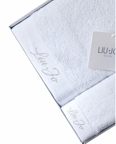 Russo Tessuti Set Bagno Teli Spugna 100% Cotone 1+1 Viso Ospite Liu Jo LiuJo Lurex Logo Ricamo-Bianco