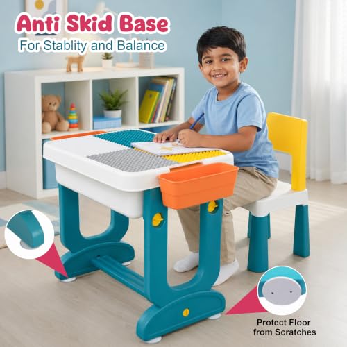 Image of JD FRESH 4 in 1 Genius Kids Study Table Set with Chair /Multifunctional Building Blocks Desk Set with 2 Side Box /Little Children Learner Activity Table /Portable Drawing Table for 3-7 Years Kids